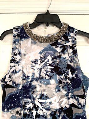 Jennifer Lopez Blue Diamond Crystal Print Beaded Neck Midi Dress 8